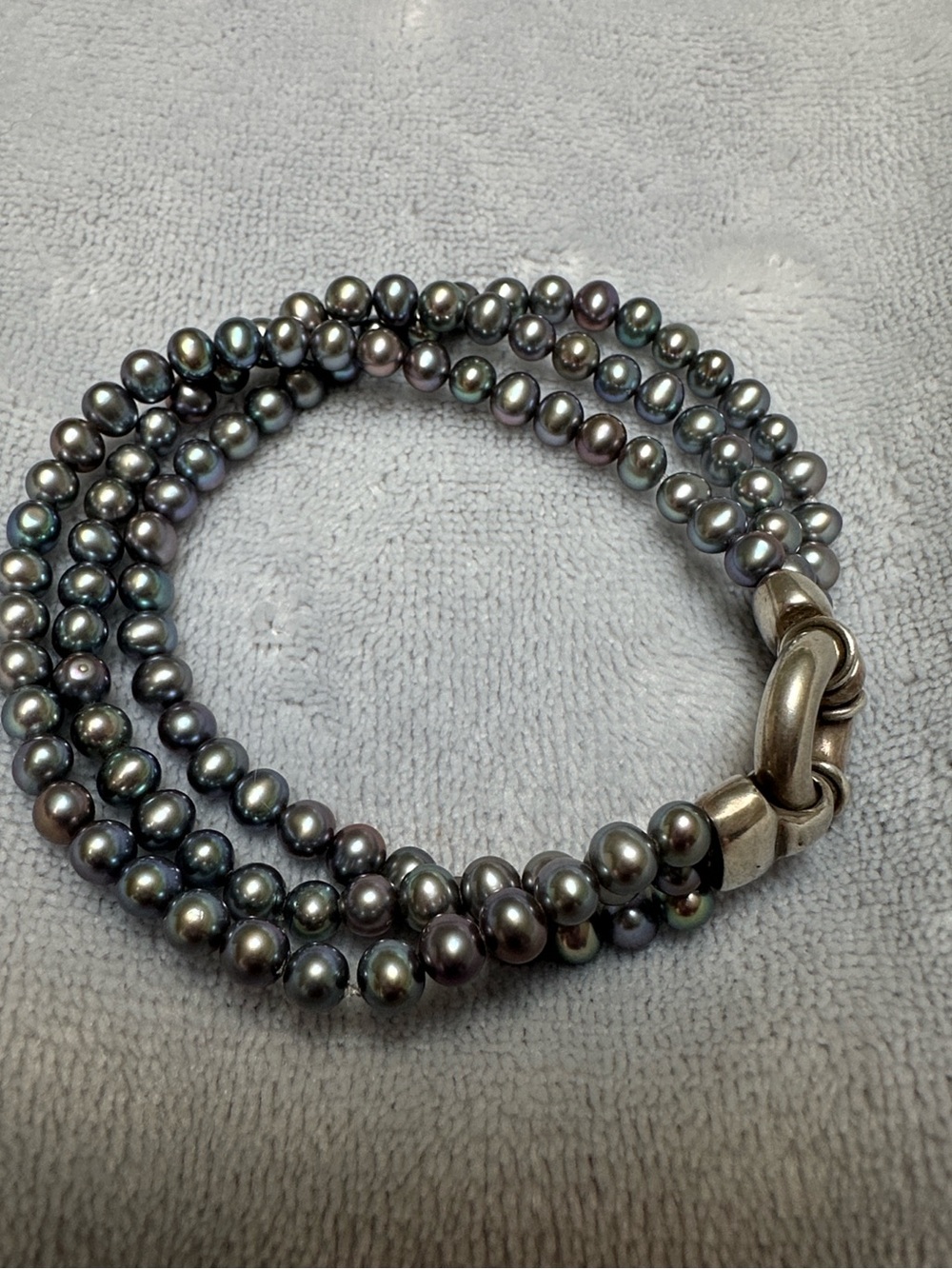 Multi-Strand iridescent Pearl Bracelet with Sterling Silver Toggle Clasp 7.5”